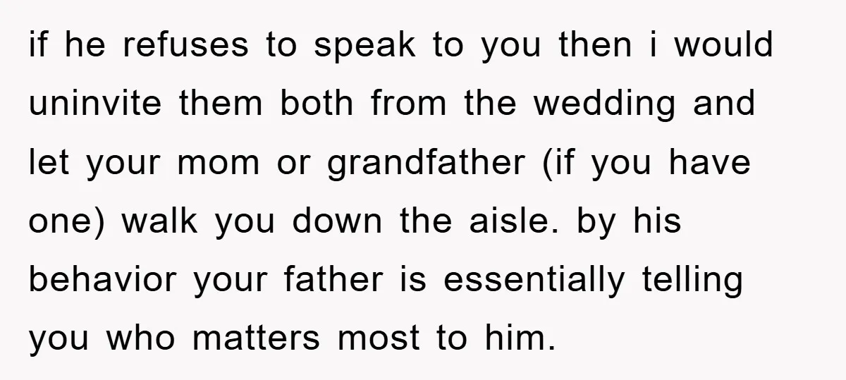 if he refuses to speak to you then i would uninvite them both from the wedding and let your mom or grandfather (if you have one) walk you down the...