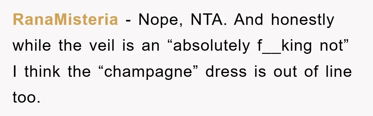 RanaMisteria − Nope, NTA. And honestly while the veil is an “absolutely f__king not” I think the “champagne” dress is out of line too.