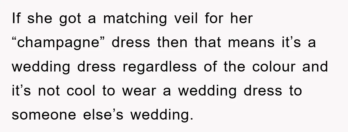 If she got a matching veil for her “champagne” dress then that means it’s a wedding dress regardless of the colour and it’s not cool to wear a wedding dress...