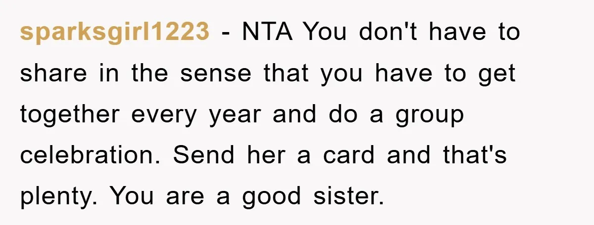 sparksgirl1223 − NTA You don't have to share in the sense that you have to get together every year and do a group celebration. Send her a card and that's...