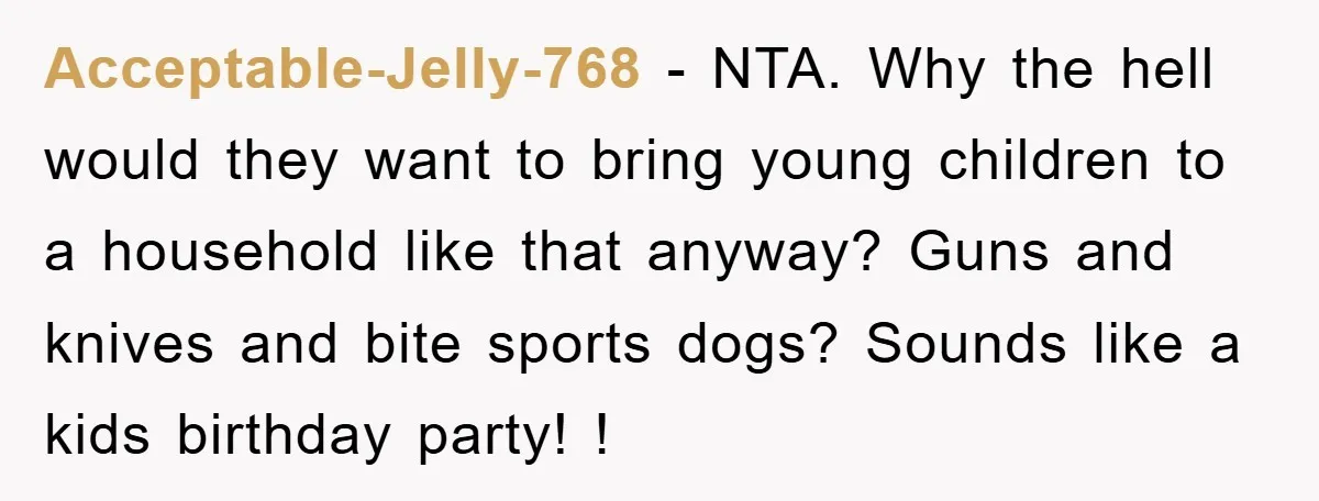 Acceptable-Jelly-768 − NTA. Why the hell would they want to bring young children to a household like that anyway? Guns and knives and bite sports dogs? Sounds like a kids...