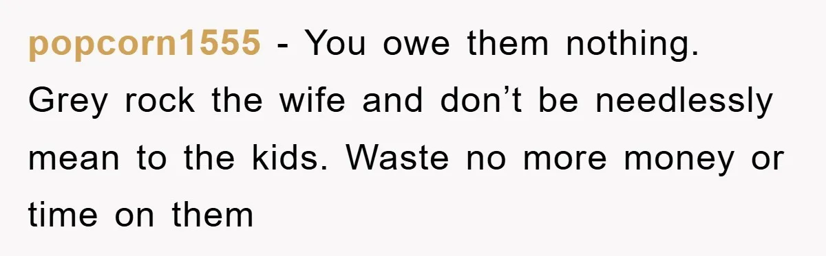 popcorn1555 - You owe them nothing. Grey rock the wife and don’t be needlessly mean to the kids. Waste no more money or time on them