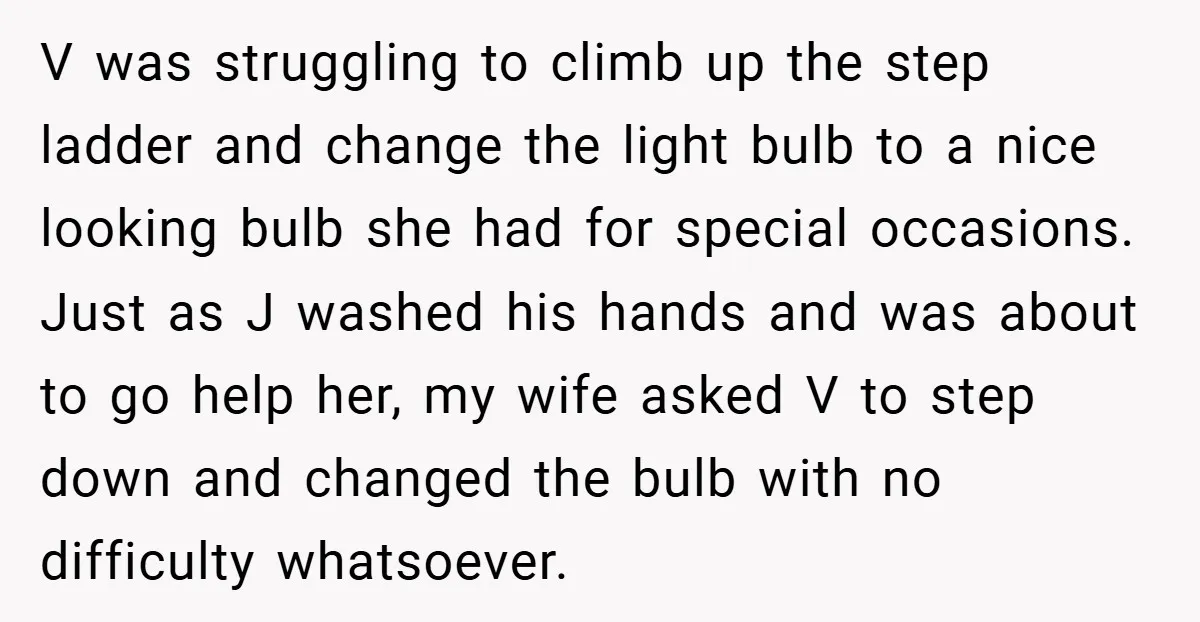 V was struggling to climb up the step ladder and change the light bulb to a nice looking bulb she had for special occasions. Just as J washed his hands...