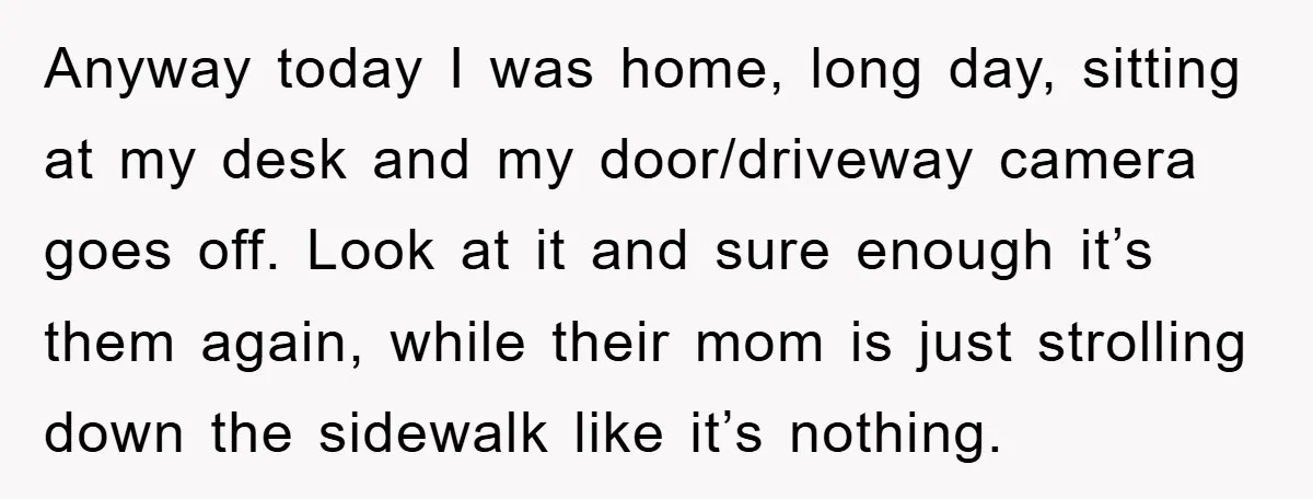 Anyway today I was home, long day, sitting at my desk and my door/driveway camera goes off. Look at it and sure enough it’s them again, while their mom is...