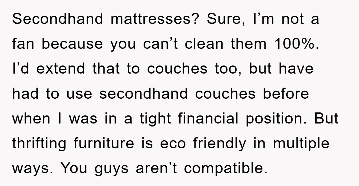 Secondhand mattresses? Sure, I’m not a fan because you can’t clean them 100%. I’d extend that to couches too, but have had to use secondhand couches before when I was...