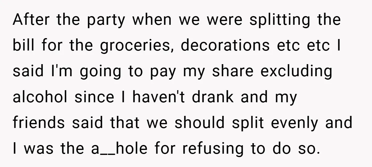 After the party when we were splitting the bill for the groceries, decorations etc etc I said I'm going to pay my share excluding alcohol since I haven't drank and...