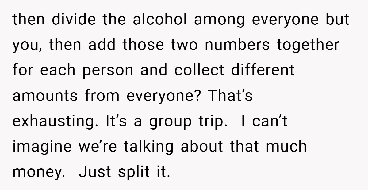then divide the alcohol among everyone but you, then add those two numbers together for each person and collect different amounts from everyone? That’s exhausting. It’s a group trip. I...