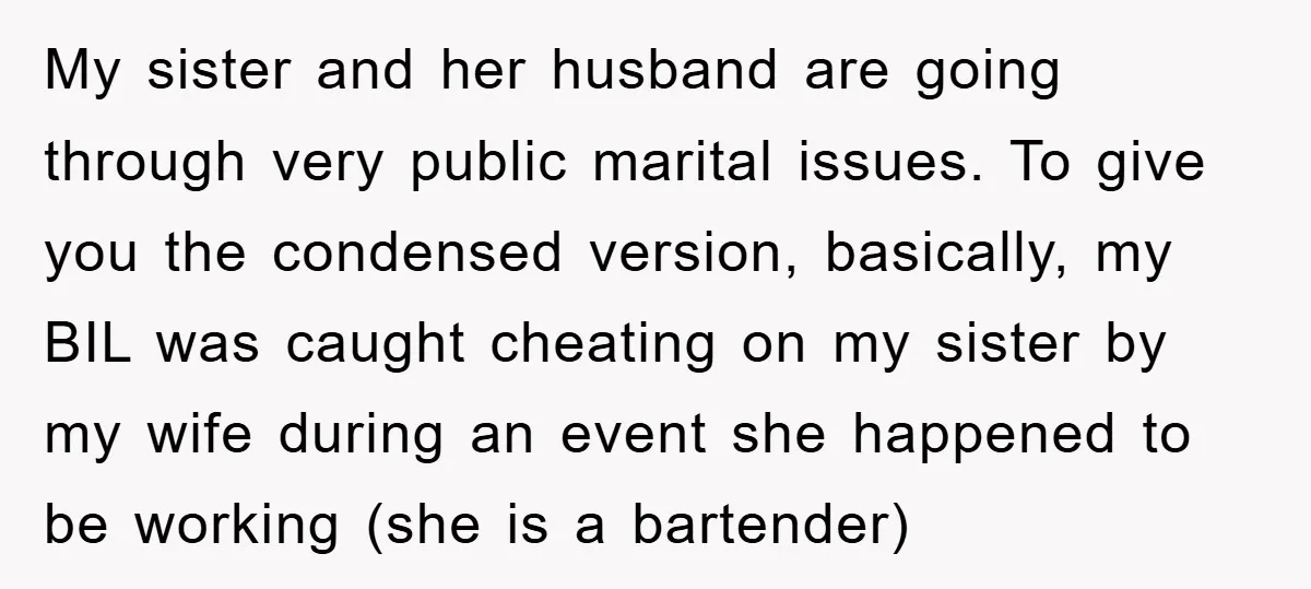 My sister and her husband are going through very public marital issues. To give you the condensed version, basically, my BIL was caught cheating on my sister by my wife...