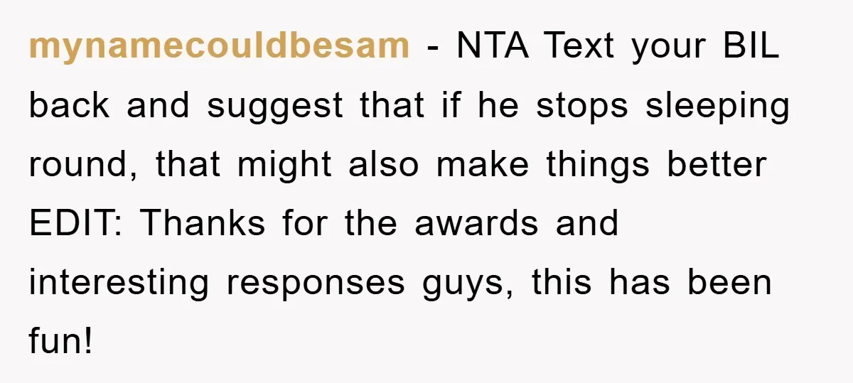 mynamecouldbesam − NTA Text your BIL back and suggest that if he stops sleeping round, that might also make things better EDIT: Thanks for the awards and interesting responses guys,...