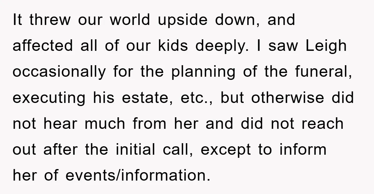 It threw our world upside down, and affected all of our kids deeply. I saw Leigh occasionally for the planning of the funeral, executing his estate, etc., but otherwise did...