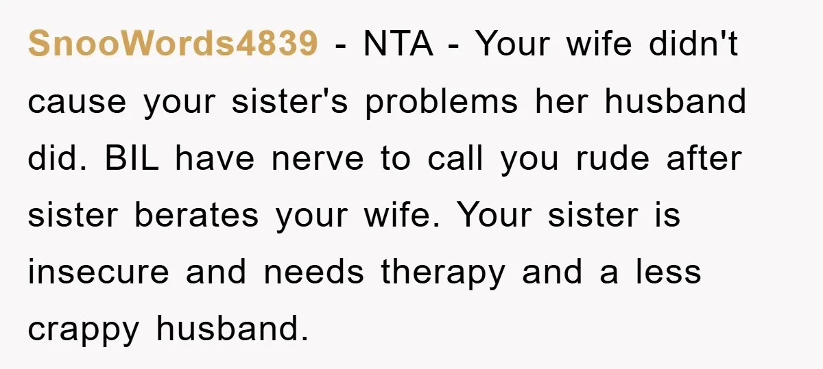 SnooWords4839 − NTA - Your wife didn't cause your sister's problems her husband did. BIL have nerve to call you rude after sister berates your wife. Your sister is insecure...