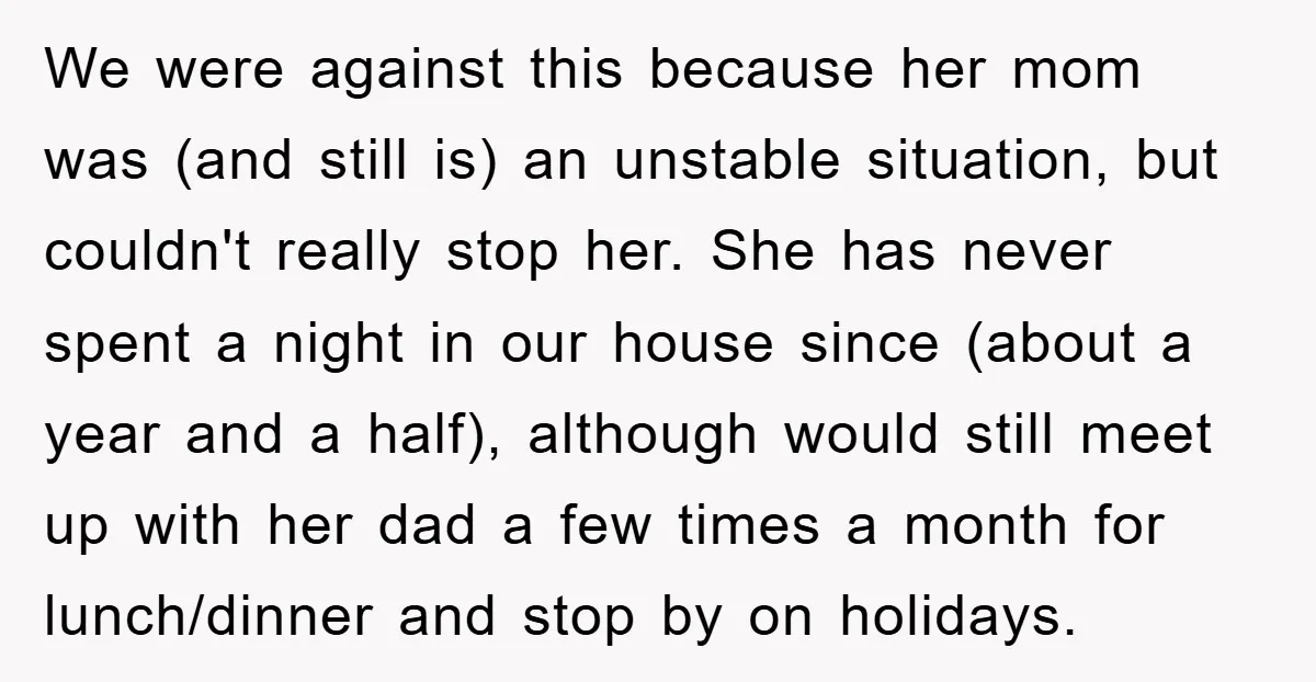 We were against this because her mom was (and still is) an unstable situation, but couldn't really stop her. She has never spent a night in our house since (about...