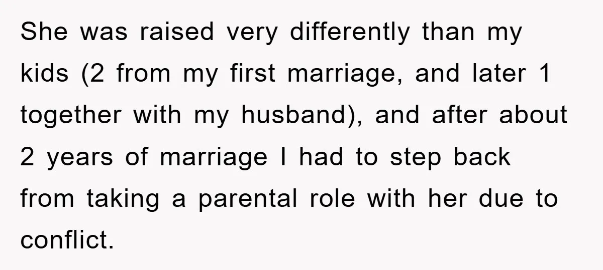 She was raised very differently than my kids (2 from my first marriage, and later 1 together with my husband), and after about 2 years of marriage I had to...