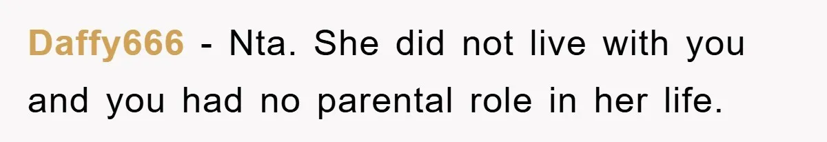 Daffy666 − Nta. She did not live with you and you had no parental role in her life.