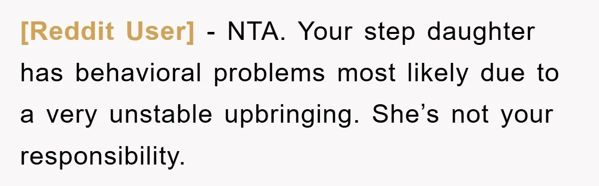 [Reddit User] − NTA. Your step daughter has behavioral problems most likely due to a very unstable upbringing. She’s not your responsibility.