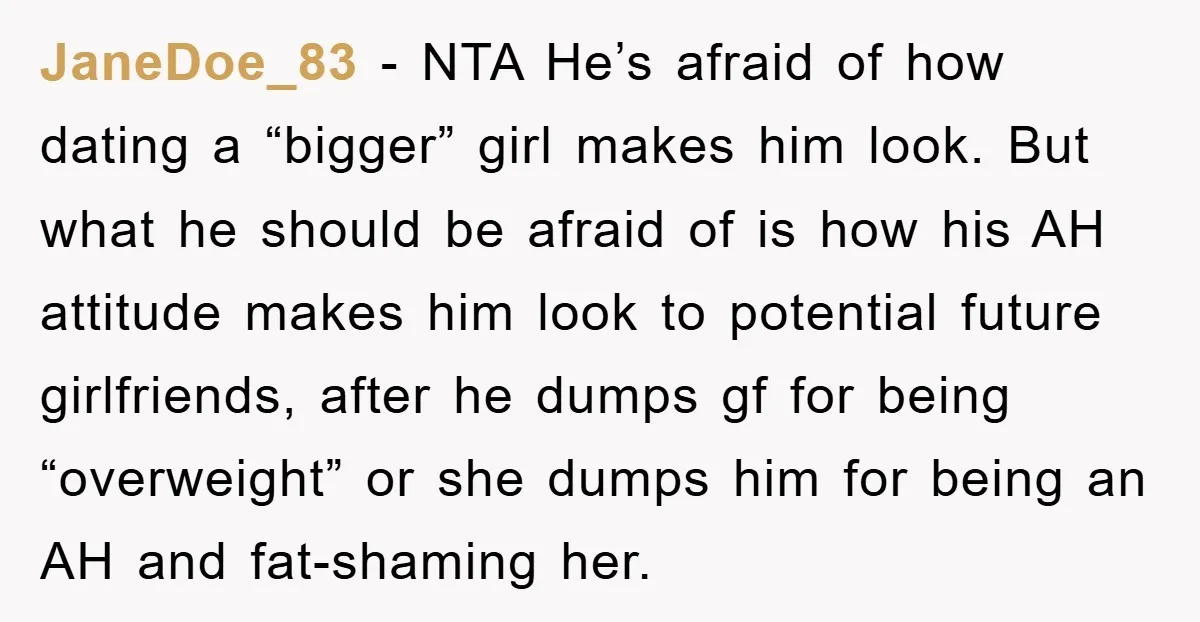 JaneDoe_83 - NTA He’s afraid of how dating a “bigger” girl makes him look. But what he should be afraid of is how his AH attitude makes him look to...