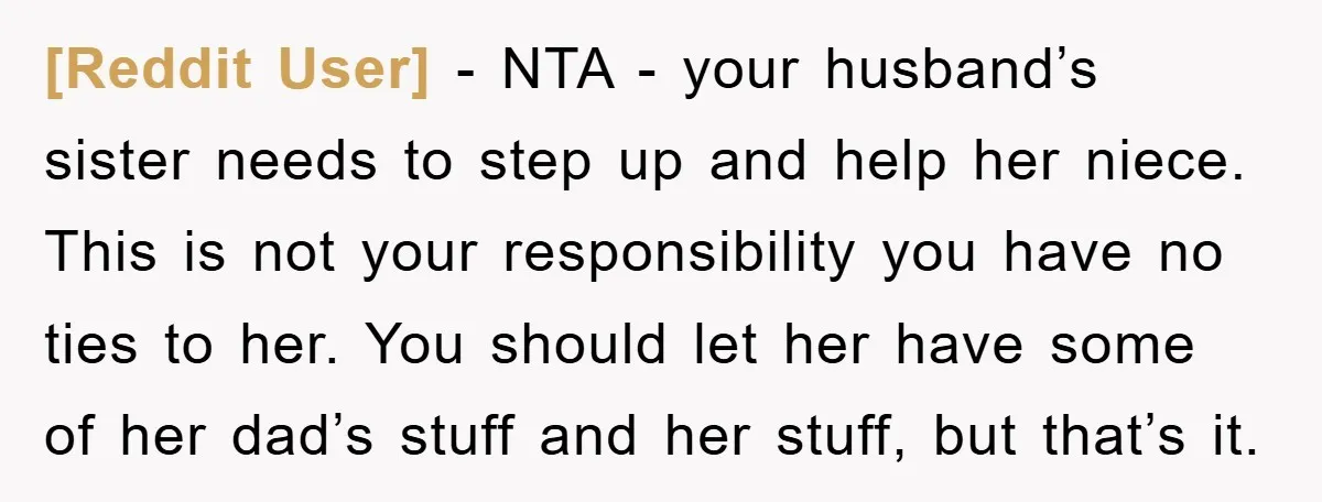 [Reddit User] − NTA - your husband’s sister needs to step up and help her niece. This is not your responsibility you have no ties to her. You should let...