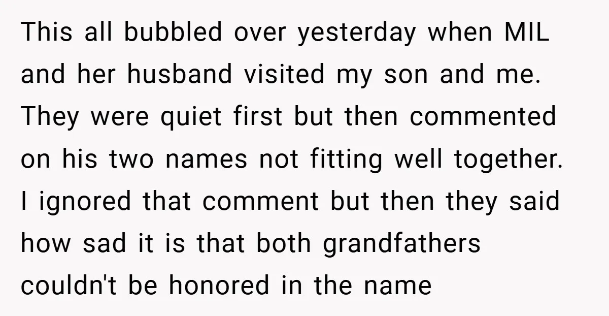 This all bubbled over yesterday when MIL and her husband visited my son and me. They were quiet first but then commented on his two names not fitting well together....