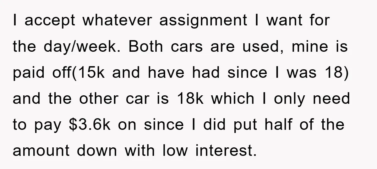 I accept whatever assignment I want for the day/week. Both cars are used, mine is paid off(15k and have had since I was 18) and the other car is 18k...