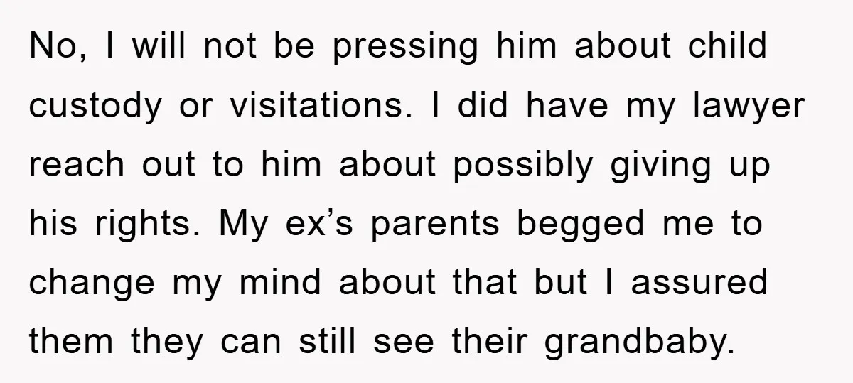 No, I will not be pressing him about child custody or visitations. I did have my lawyer reach out to him about possibly giving up his rights. My ex’s parents...