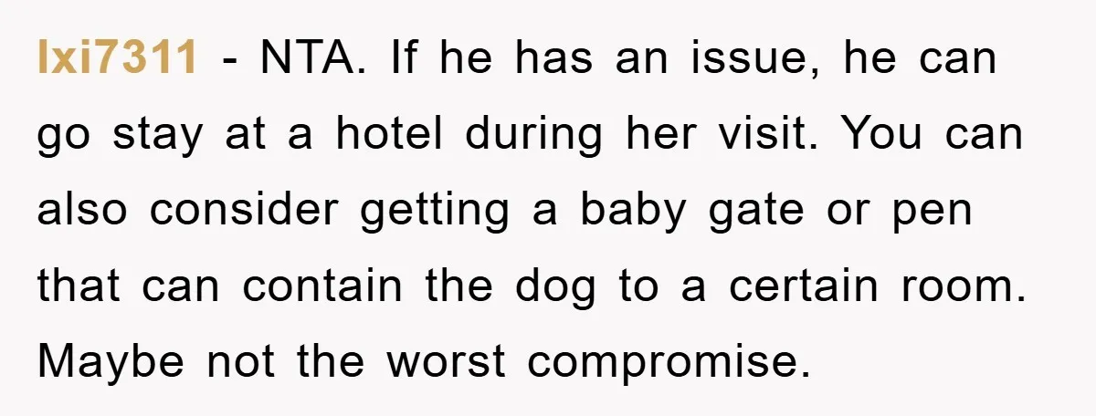 Ixi7311 − NTA. If he has an issue, he can go stay at a hotel during her visit. You can also consider getting a baby gate or pen that can...