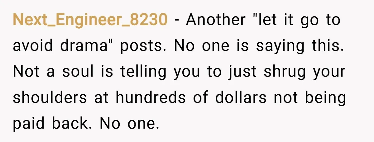 Next_Engineer_8230 − Another "let it go to avoid drama" posts. No one is saying this. Not a soul is telling you to just shrug your shoulders at hundreds of dollars...