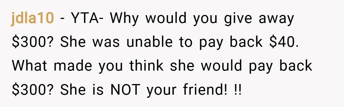 jdla10 − YTA- Why would you give away $300? She was unable to pay back $40. What made you think she would pay back $300? She is NOT your friend!...
