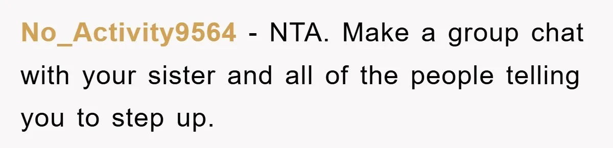 No_Activity9564 − NTA. Make a group chat with your sister and all of the people telling you to step up.