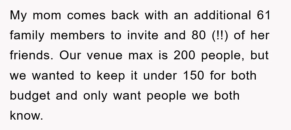 My mom comes back with an additional 61 family members to invite and 80 (!!) of her friends. Our venue max is 200 people, but we wanted to keep it...