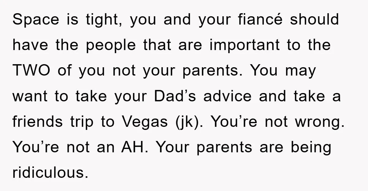 Space is tight, you and your fiancé should have the people that are important to the TWO of you not your parents. You may want to take your Dad’s advice...