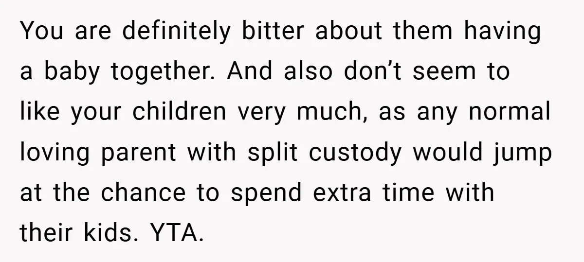 You are definitely bitter about them having a baby together. And also don’t seem to like your children very much, as any normal loving parent with split custody would jump...