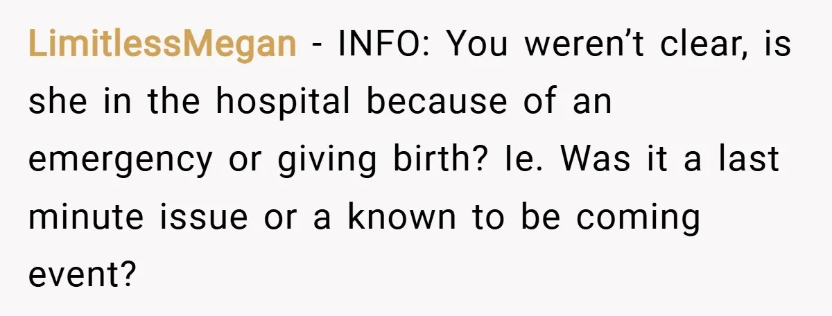 LimitlessMegan − INFO: You weren’t clear, is she in the hospital because of an emergency or giving birth? Ie. Was it a last minute issue or a known to be...