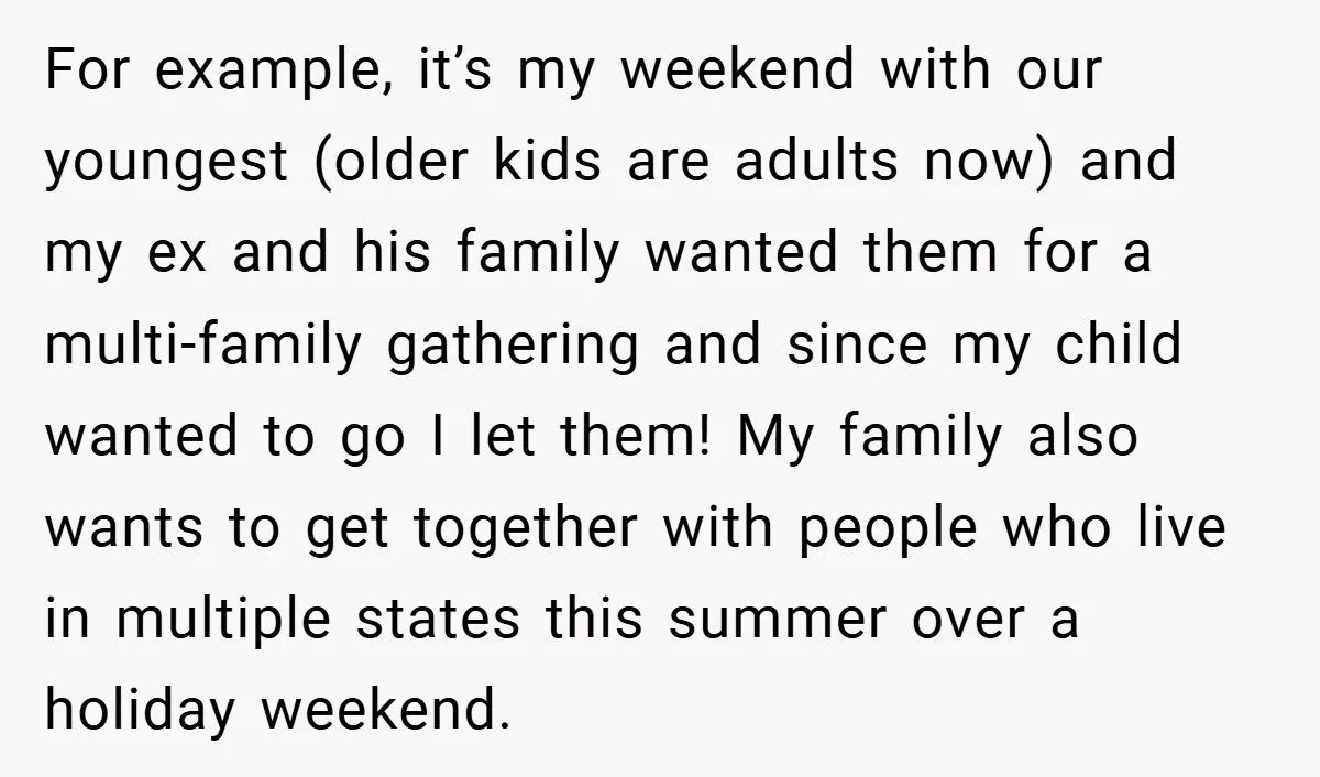 For example, it’s my weekend with our youngest (older kids are adults now) and my ex and his family wanted them for a multi-family gathering and since my child wanted...