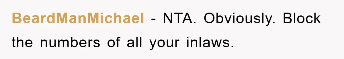 BeardManMichael − NTA. Obviously. Block the numbers of all your inlaws.