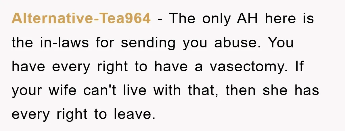 Alternative-Tea964 − The only AH here is the in-laws for sending you abuse. You have every right to have a vasectomy. If your wife can't live with that, then she...