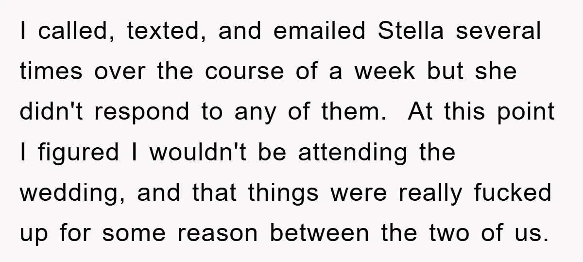 I called, texted, and emailed Stella several times over the course of a week but she didn't respond to any of them. At this point I figured I wouldn't be...