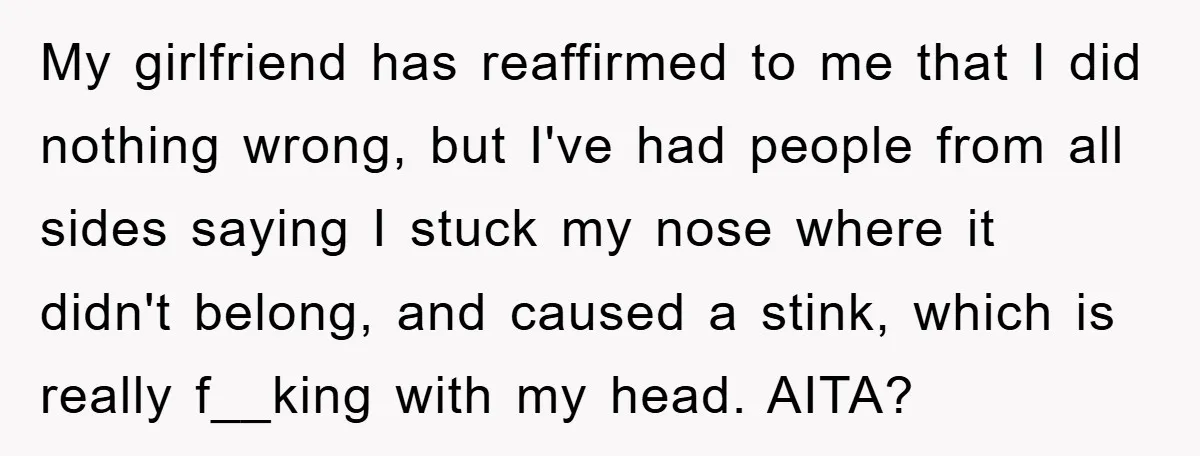 My girlfriend has reaffirmed to me that I did nothing wrong, but I've had people from all sides saying I stuck my nose where it didn't belong, and caused a...