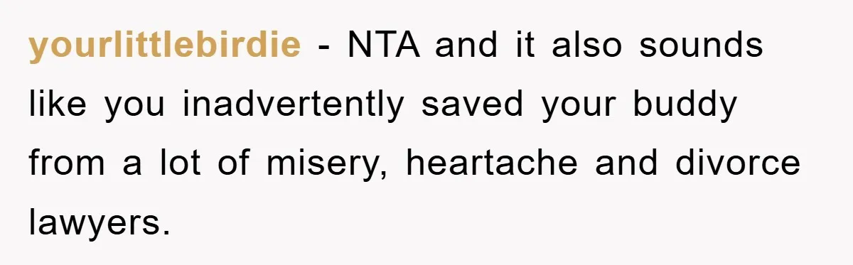 yourlittlebirdie − NTA and it also sounds like you inadvertently saved your buddy from a lot of misery, heartache and divorce lawyers.