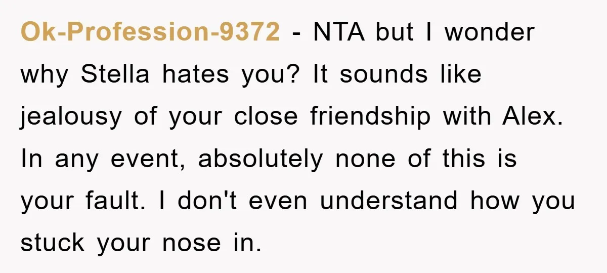 Ok-Profession-9372 − NTA but I wonder why Stella hates you? It sounds like jealousy of your close friendship with Alex. In any event, absolutely none of this is your fault....