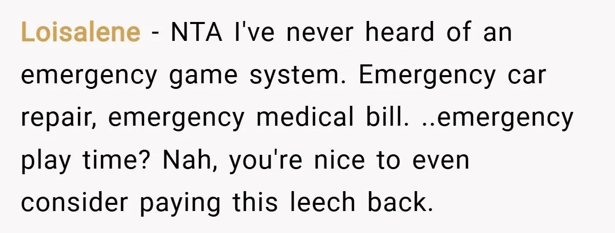 Loisalene − NTA I've never heard of an emergency game system. Emergency car repair, emergency medical bill. ..emergency play time? Nah, you're nice to even consider paying this leech back.