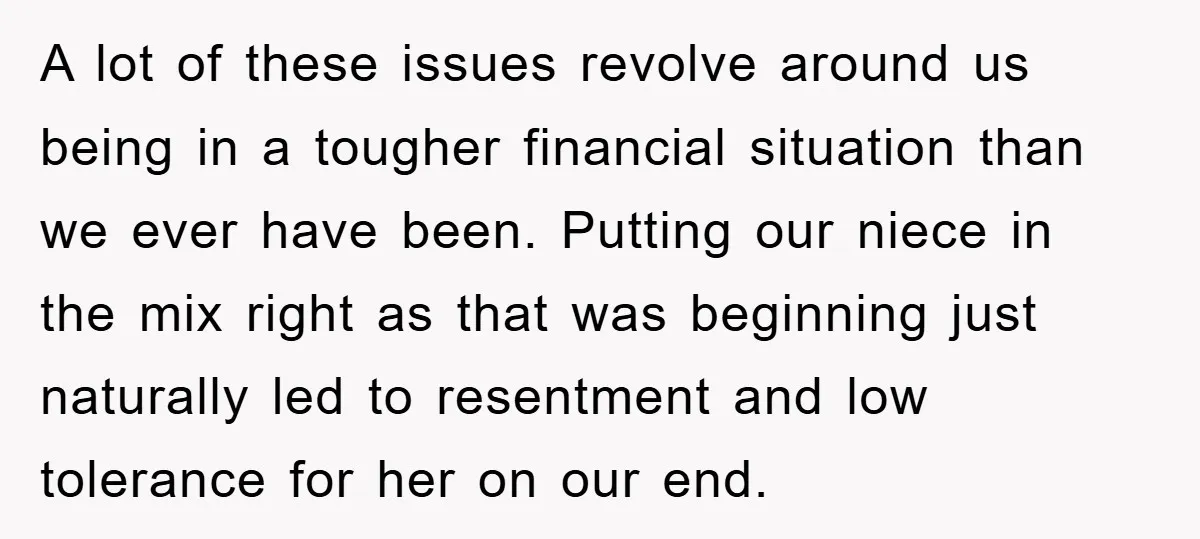 A lot of these issues revolve around us being in a tougher financial situation than we ever have been. Putting our niece in the mix right as that was beginning...