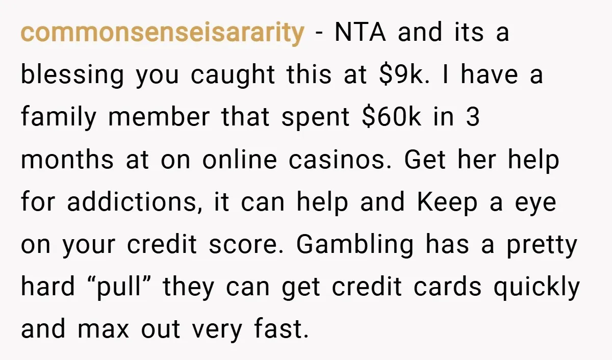 commonsenseisararity − NTA and its a blessing you caught this at $9k. I have a family member that spent $60k in 3 months at on online casinos. Get her help...