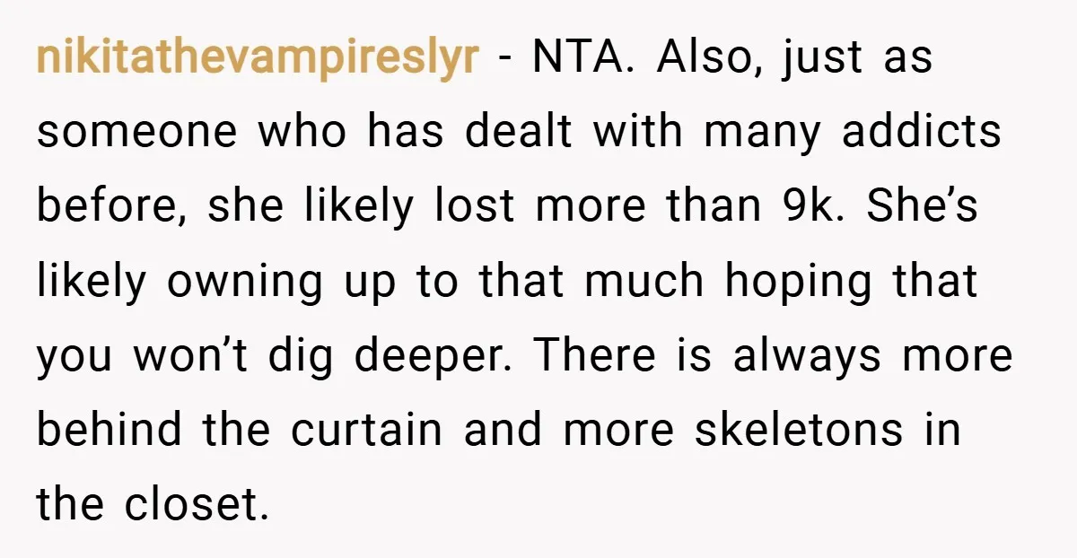 nikitathevampireslyr − NTA. Also, just as someone who has dealt with many addicts before, she likely lost more than 9k. She’s likely owning up to that much hoping that you...