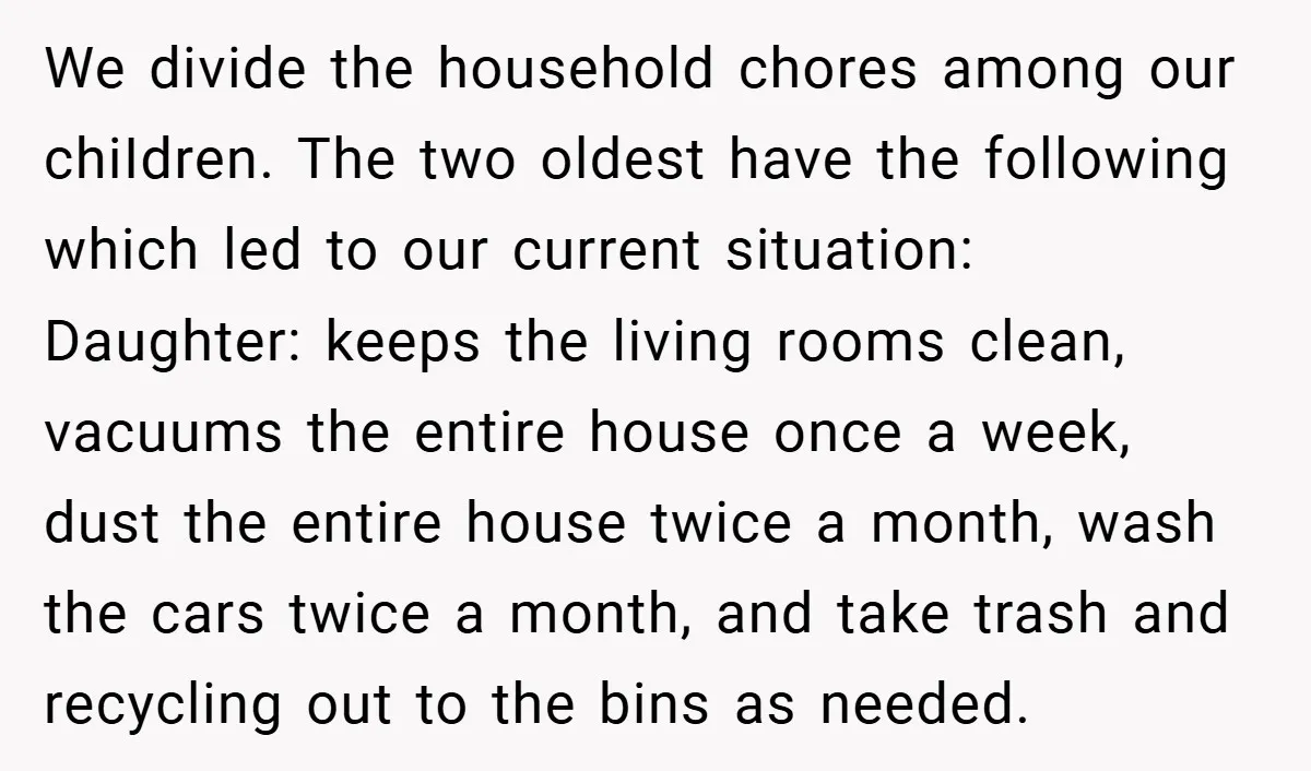 We divide the household chores among our chiIdren. The two oldest have the following which led to our current situation: Daughter: keeps the living rooms clean, vacuums the entire house...
