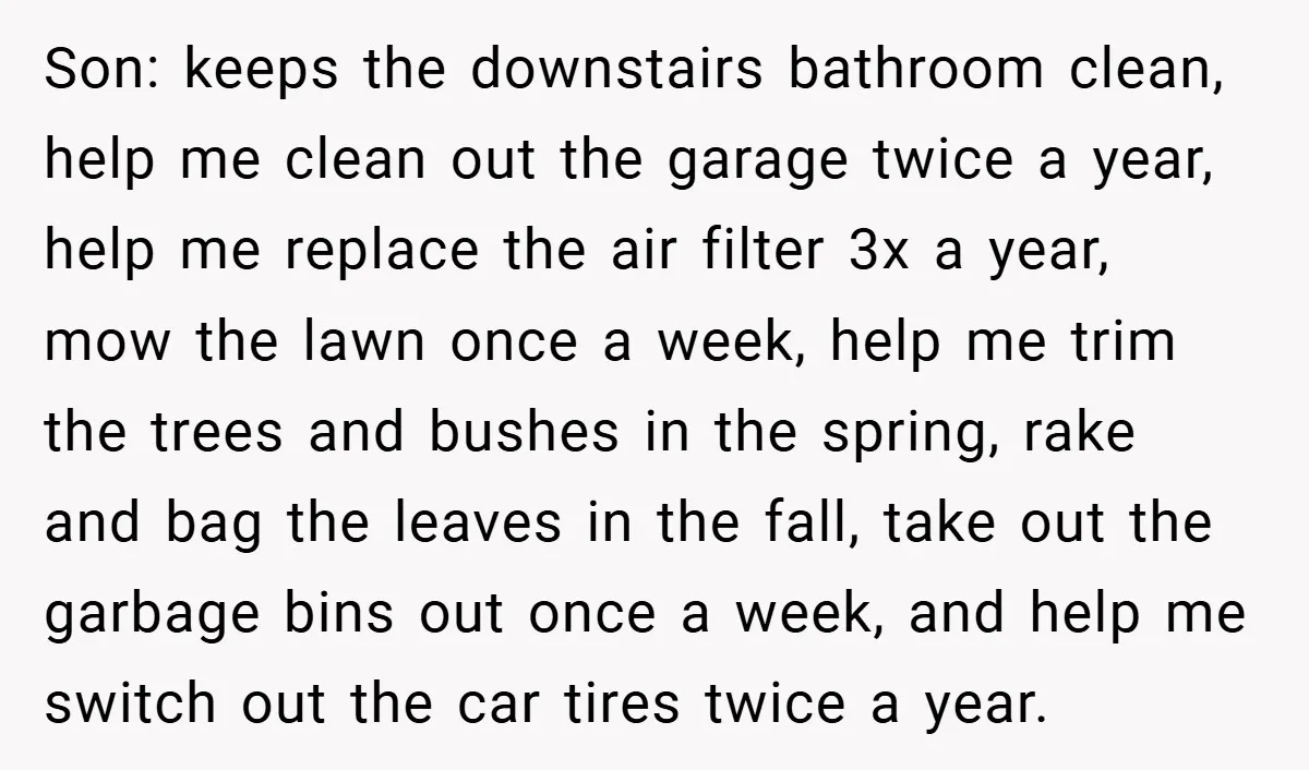 Son: keeps the downstairs bathroom clean, help me clean out the garage twice a year, help me replace the air filter 3x a year, mow the lawn once a week,...