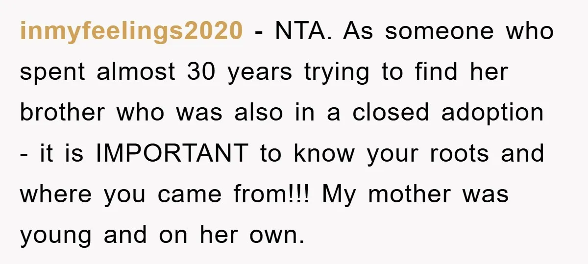 inmyfeelings2020 − NTA. As someone who spent almost 30 years trying to find her brother who was also in a closed adoption - it is IMPORTANT to know your roots...
