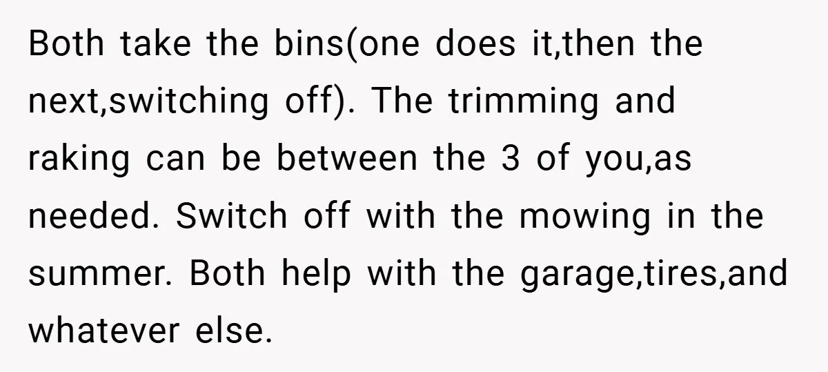 Both take the bins(one does it,then the next,switching off). The trimming and raking can be between the 3 of you,as needed. Switch off with the mowing in the summer. Both...