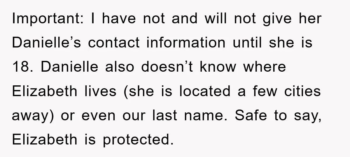 Important: I have not and will not give her Danielle’s contact information until she is 18. Danielle also doesn’t know where Elizabeth lives (she is located a few cities away)...