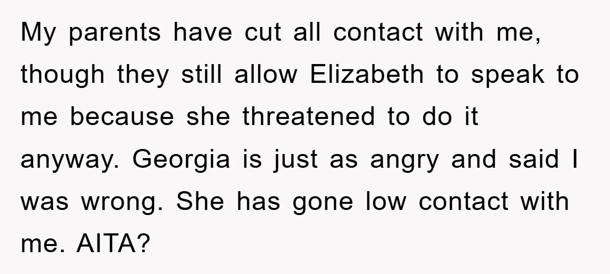 My parents have cut all contact with me, though they still allow Elizabeth to speak to me because she threatened to do it anyway. Georgia is just as angry and...