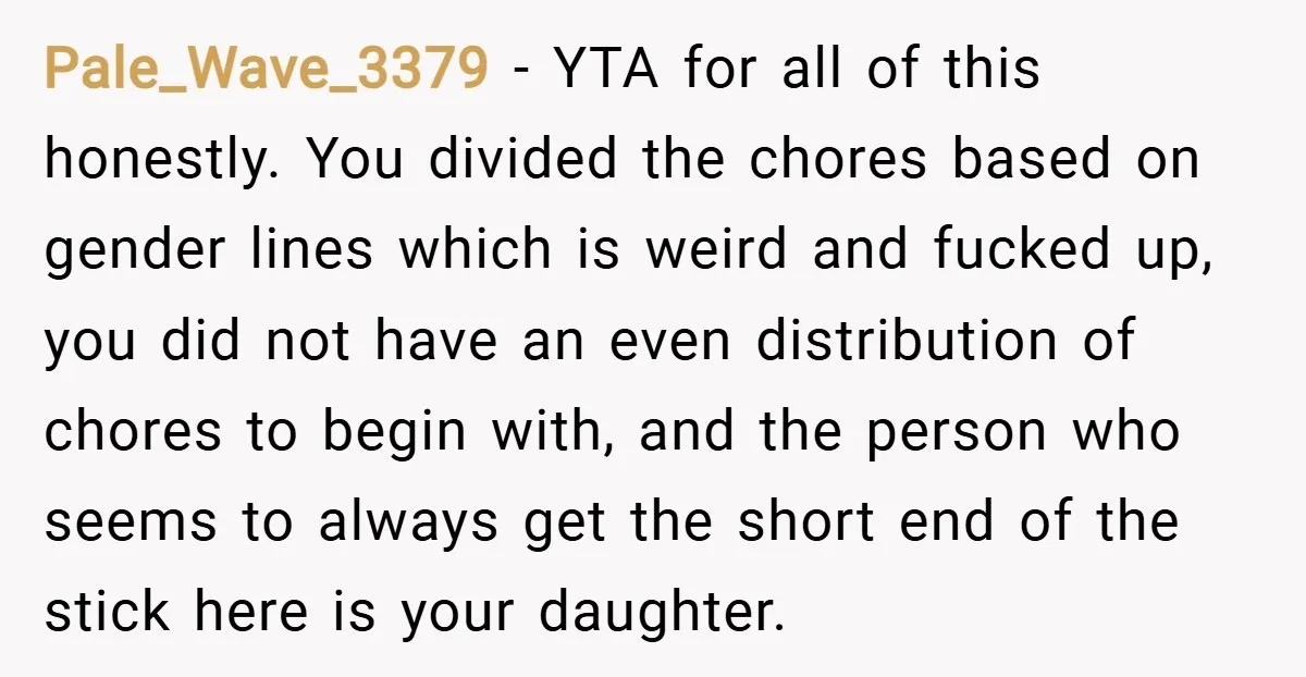 Pale_Wave_3379 − YTA for all of this honestly. You divided the chores based on gender lines which is weird and fucked up, you did not have an even distribution of...